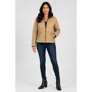 U.S. Polo Assn. Moto Puffer Jacket Faux Fur Collar Womens Size XL Gold
